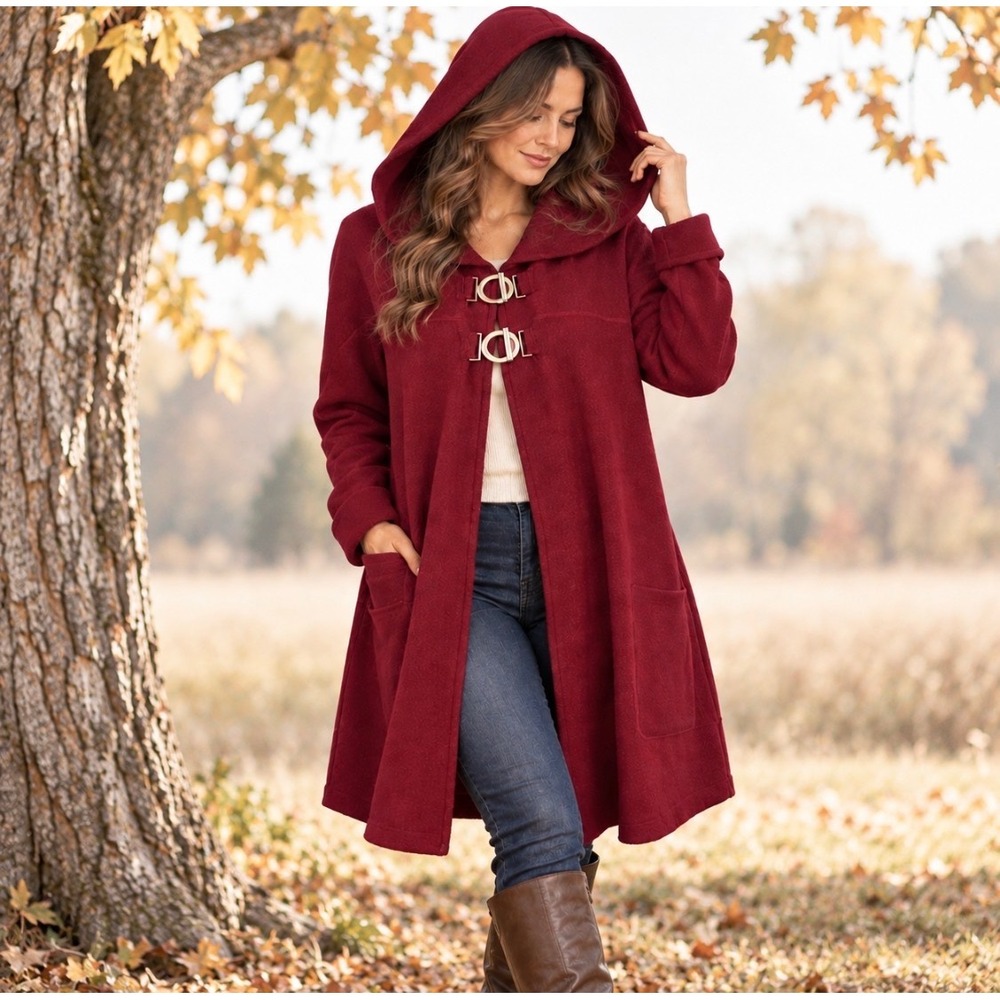 Zoe D Womens 100% Wool Open Cardigan Sweater L Hooded Toggles Pockets CottageRed